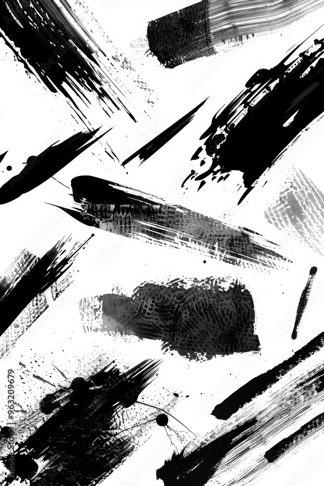 Poster the image is a black and white drawing of various brush strokes. the brush strokes are all different