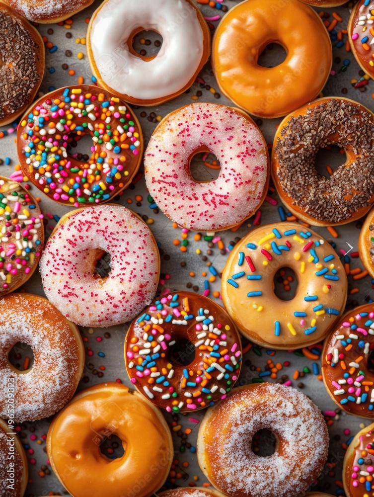 Poster a close up of many different types of donuts with sprinkles on them. concept of abundance and variet