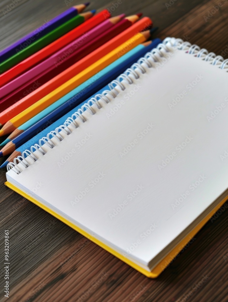 Poster a stack of colorful pencils and a spiral notebook with a blank page. the pencils are arranged in a r