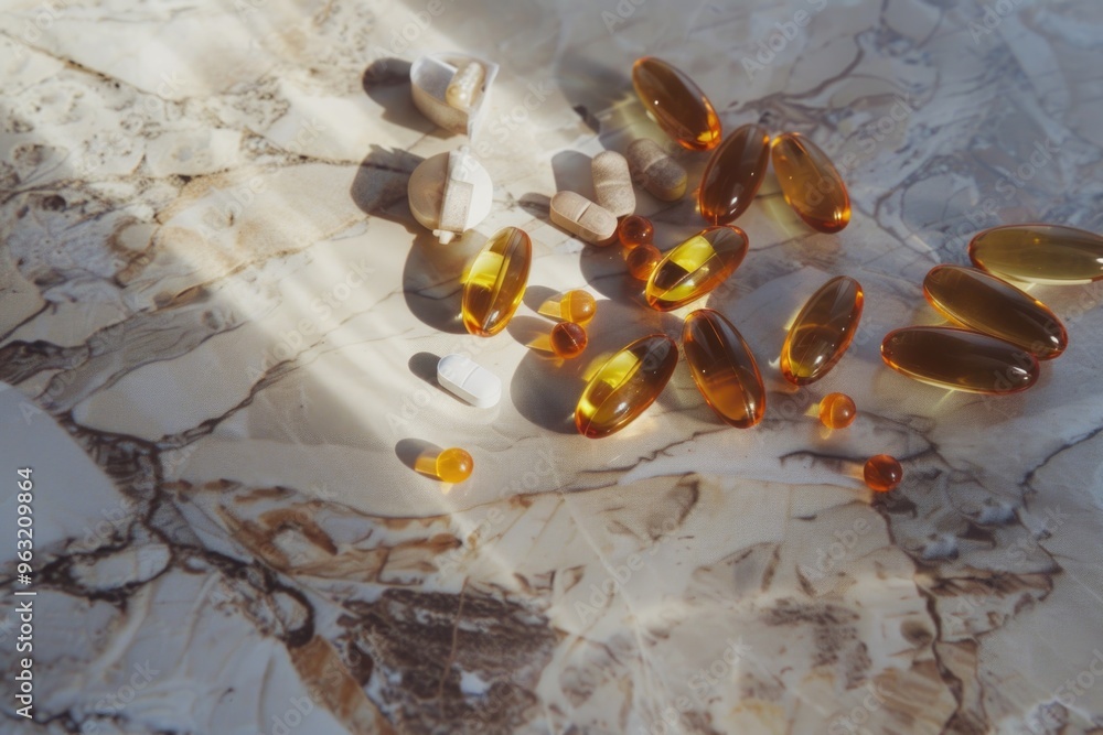 Poster a pile of pills and capsules on a table. the pills are of different colors and sizes. concept of org