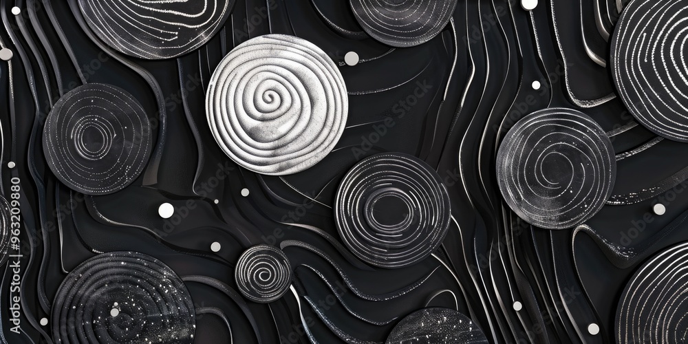 Poster a black and white image of circles and swirls. the circles are of different sizes and are scattered 