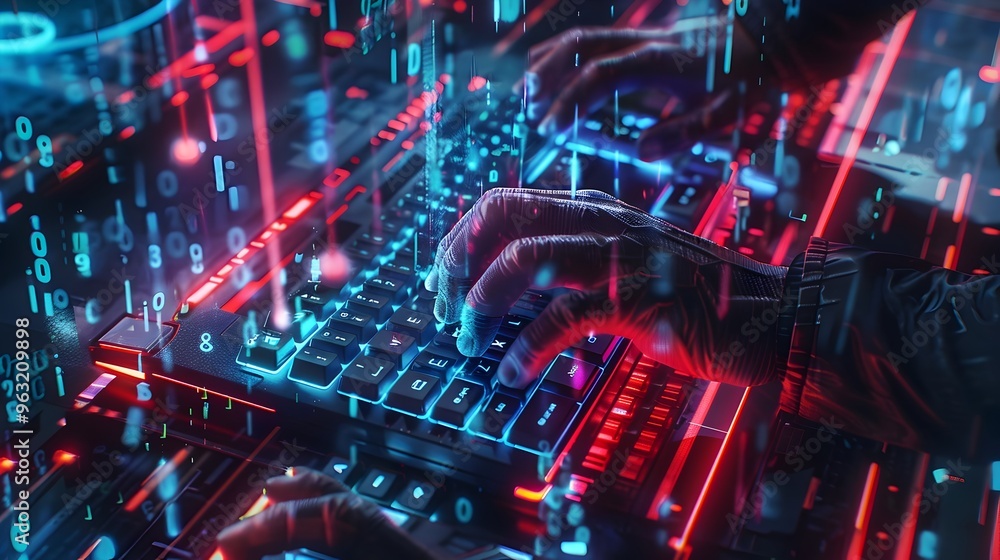Aufkleber futuristic hacker typing on holographic keyboard in neon lit dark room with floating data streams