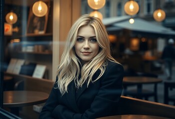Blonde girl in a coffee shop near the window in a rainy day in scotland photography