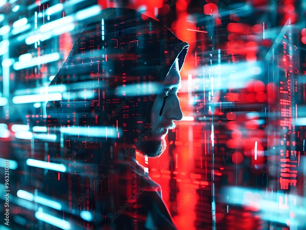 Aufkleber hacker breaching cybersecurity barriers with glowing code lines in digital landscape