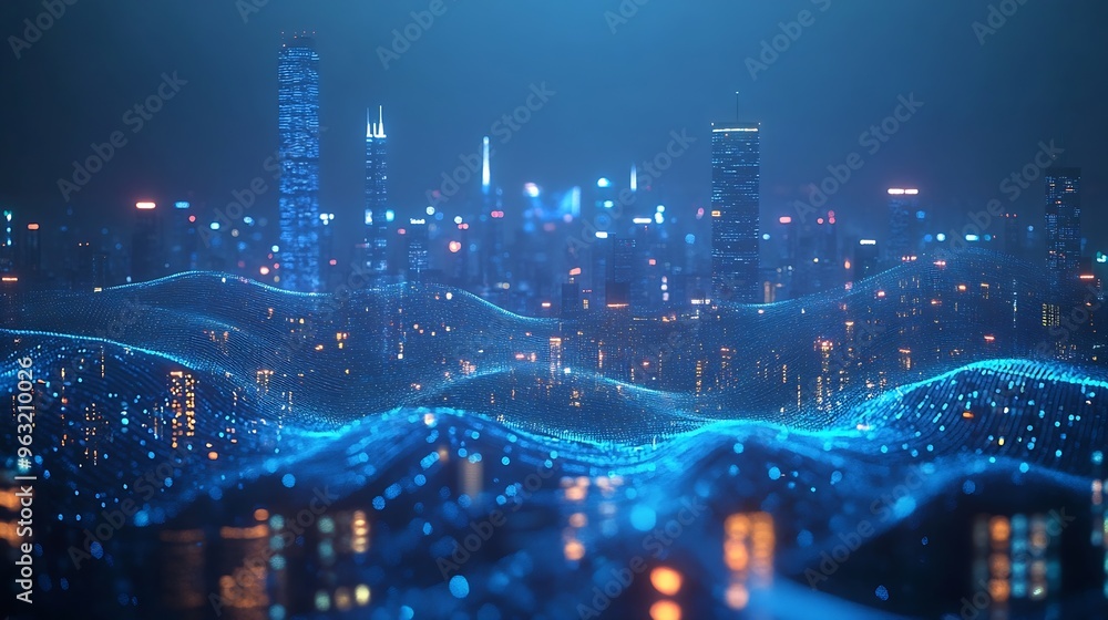 Poster smart city and big data connection technology concept with digital blue wavy wires with antennas on 
