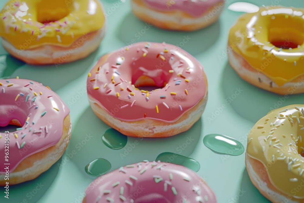 Poster a row of donuts with pink and yellow frosting and sprinkles. the donuts are arranged in a row on a g