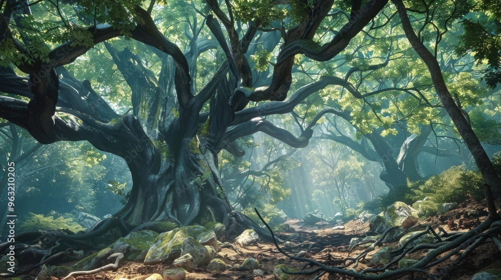 Aufkleber a large tree with many branches and leaves is the main focus of the image. the tree is surrounded by