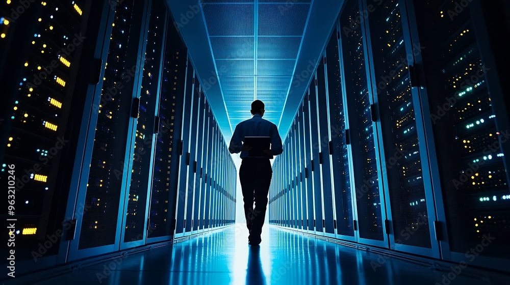 Aufkleber Male IT Specialist Walks Between Row of Operational Server Racks in Data Center Engineer Uses Tablet Computer for Maintenance Concept for Cloud Computing Artificial Intelligence Cybers : Generative AI