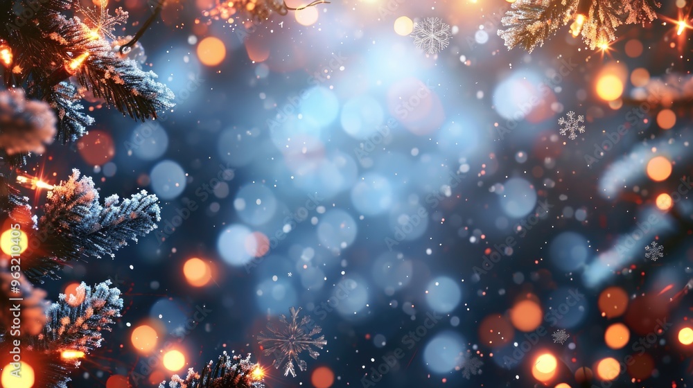 Poster a blurry image of snowflakes and lights with a blue background. the image has a dreamy and ethereal 