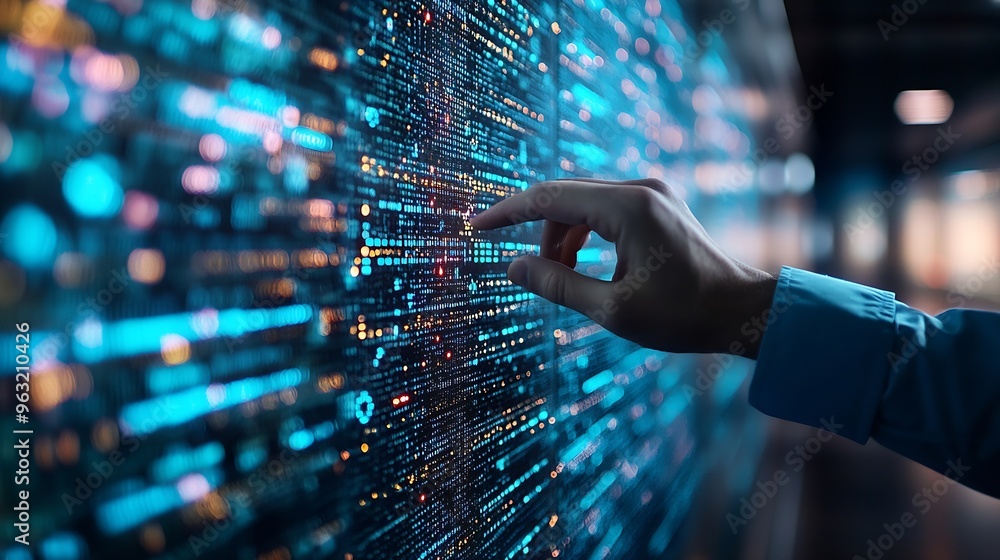 Poster Big data digital technology concept Software engineer touching on virtual internet network connection with data center network server innovative futuristic technology background data m : Generative AI