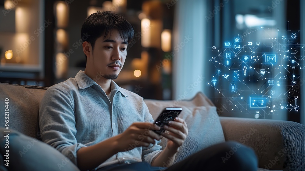 Aufkleber asian man sitting on sofa and using smart home control app on mobile phone with augmented reality view of IOT connected objects in apartment : Generative AI