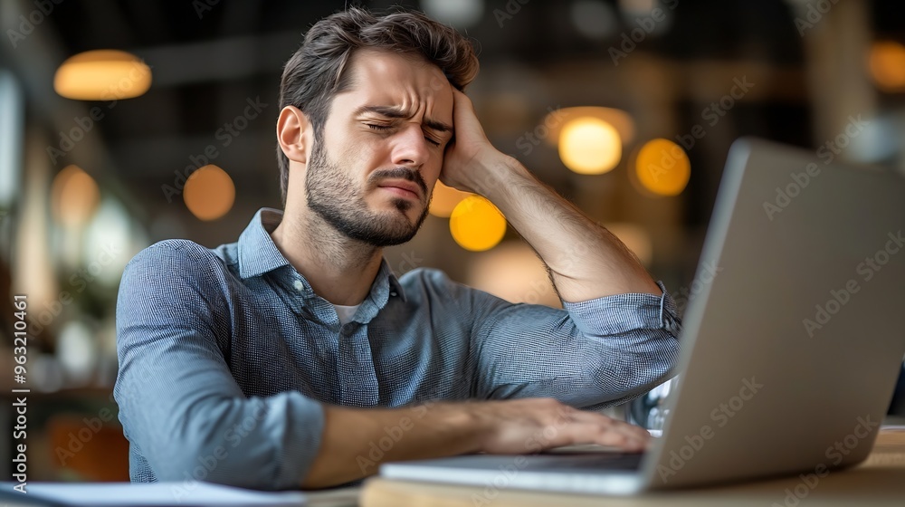 Poster a young businessman in a modern office setting experiencing neck pain while working at his desk with