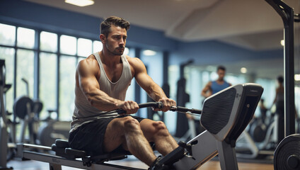 Gym member using the rowing machine