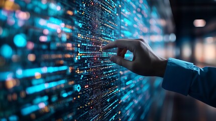 Big data digital technology concept Software engineer touching on virtual internet network connection with data center network server innovative futuristic technology background data m : Generative AI