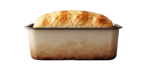 Loaf pan with a golden-brown loaf of bread, for baking homemade bread, isolated on transparent background PNG