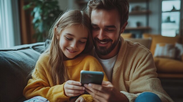 Positive family man hugging woman holding mobile phone using smartphone sitting on comfortable sofa in room in cozy home little daughter drawing on floor Concept of technology online s : Generative AI