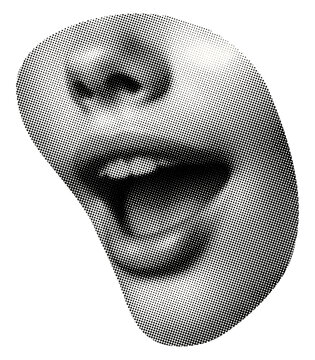 face part with smiling mouth isolated retro halftone grunge dotted effect cut-out collage element for mixed media design