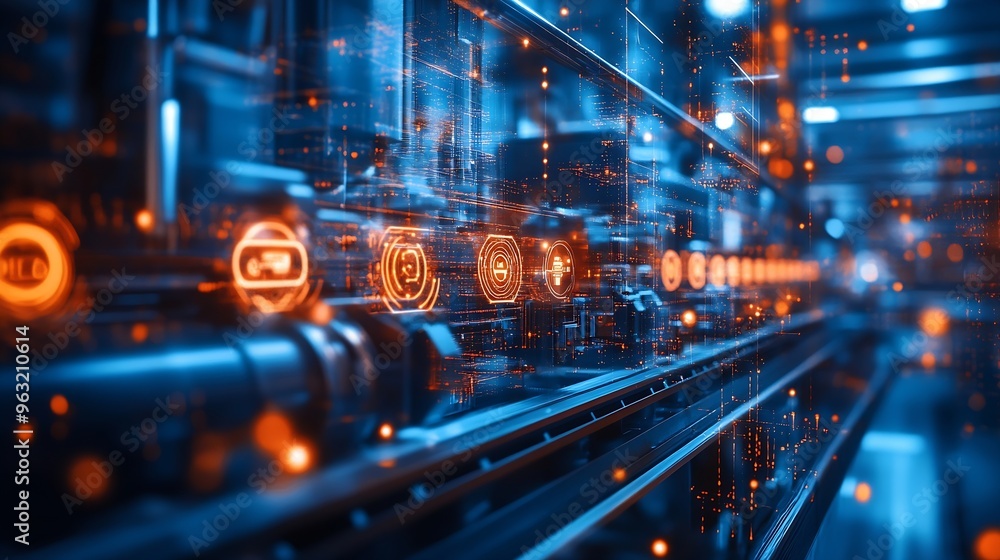 Poster Modern factory and communication network concept Telecommunication IoT Internet of Things ICT Information communication Technology 5G Smart factory Digital transformation : Generative AI