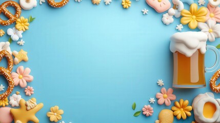 A vibrant display of cookies, flowers, and beer creates a cheerful frame on a blue background, perfect for festive moments.