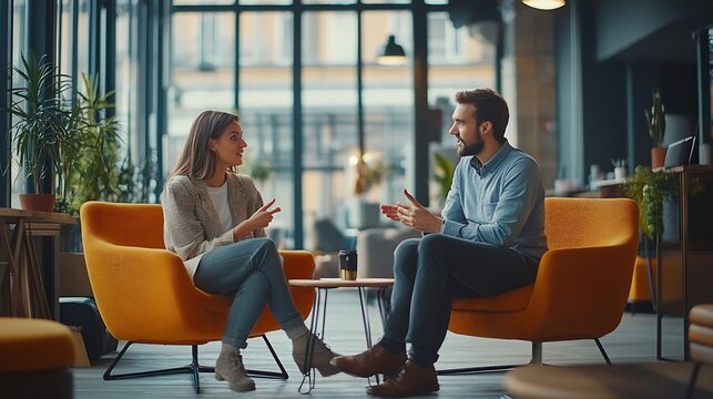 Tech professionals talking to each other in a coworking office Two business people having a conversation in a workplace : Generative AI