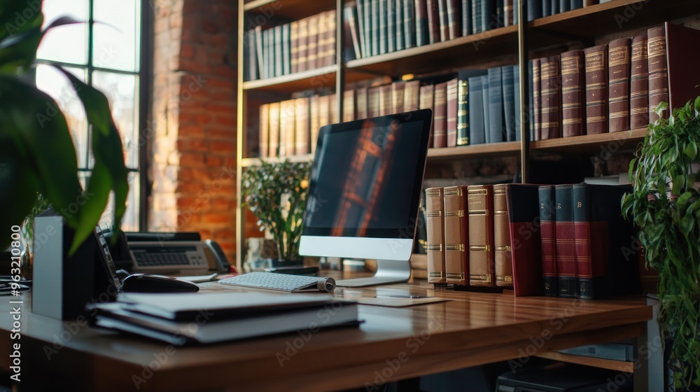 Poster office desk with bookshelf and computer