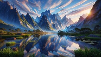Obraz premium Beautiful Mountain Scenery with Reflection in a Calm Lake. Generative AI