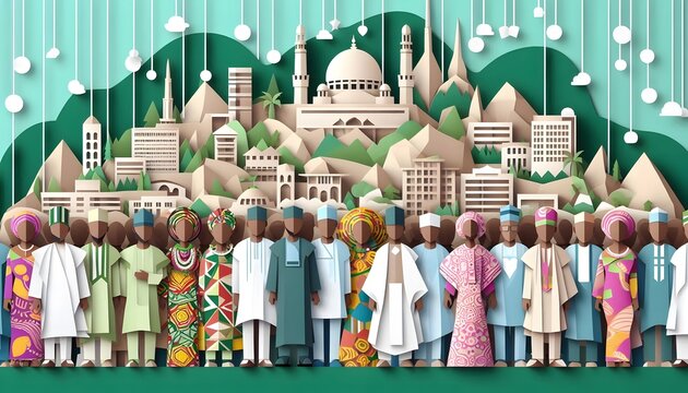 illustration in paper-cut style on Nigerian culture, traditional Nigerian attire, Zuma Rock and the National Mosque. Celebration of National Independence Day of Nigeria.