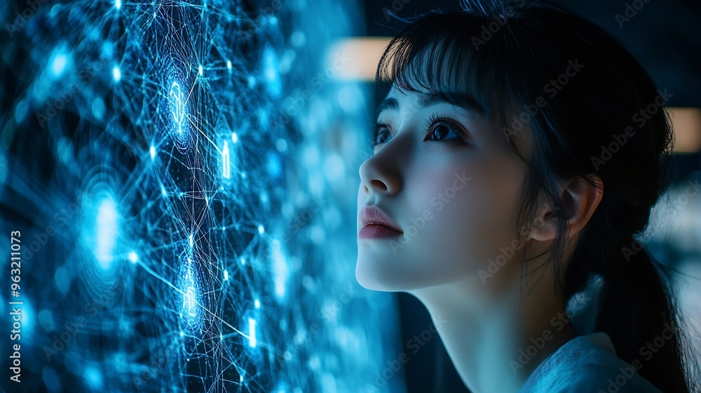 Poster Digital technology internet network connection big data digital marketing IoT internet of things Woman using modern computer surfing internet futuristic metaverse innovative technology : Generative AI