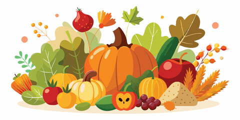 Autumn Background with Pumpkins, Veggies & Fruits - Thanksgiving illustration on a white background.