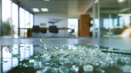 Naklejka premium Close-up of broken glass in an office setting with detailed and realistic depiction.