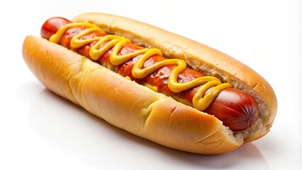 A close up fisheye view of a classic hotdog topped with ketchup and mustard placed on a crisp white background, culinary, mustard, condiments, fisheye lens, lunch, mouthwatering