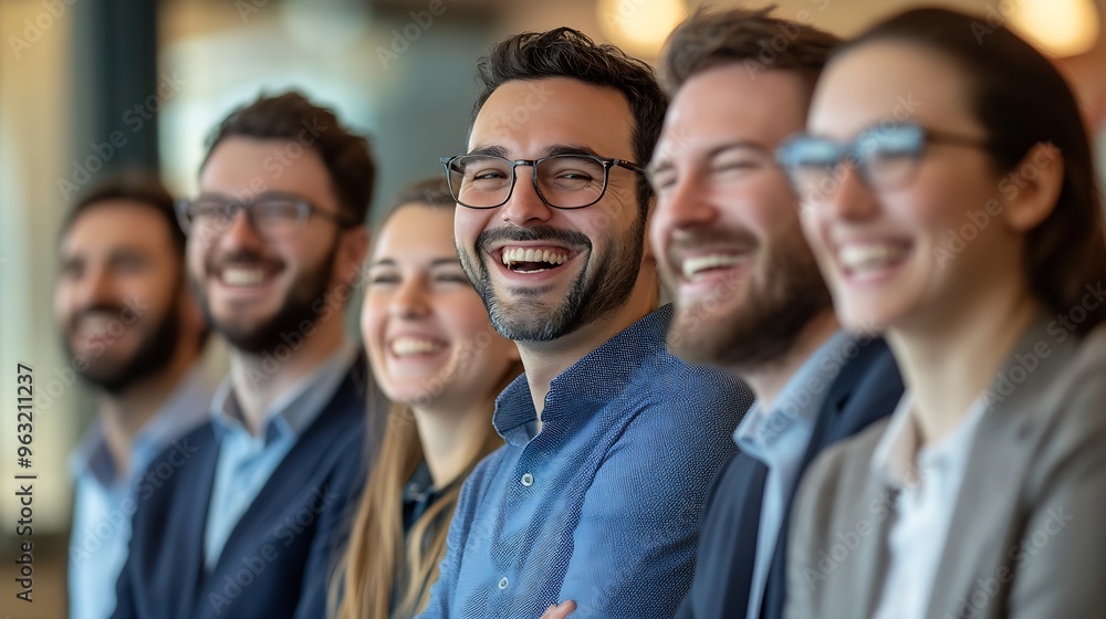 Poster successful business team laughing while standing together group of tech professionals prepare to hav