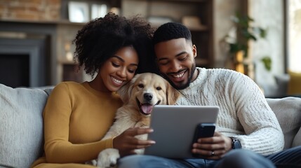 Portrait of happy young couple using laptop man holding mobile phone hugging dog sitting together on comfortable sofa at home Online shopping concept : Generative AI