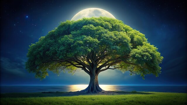 A detailed description and 28 keyword tags for a stock photo related to the concept of the Bodhi tree at night Bodhi tree illuminated by moonlight casting a serene glow in the darkness