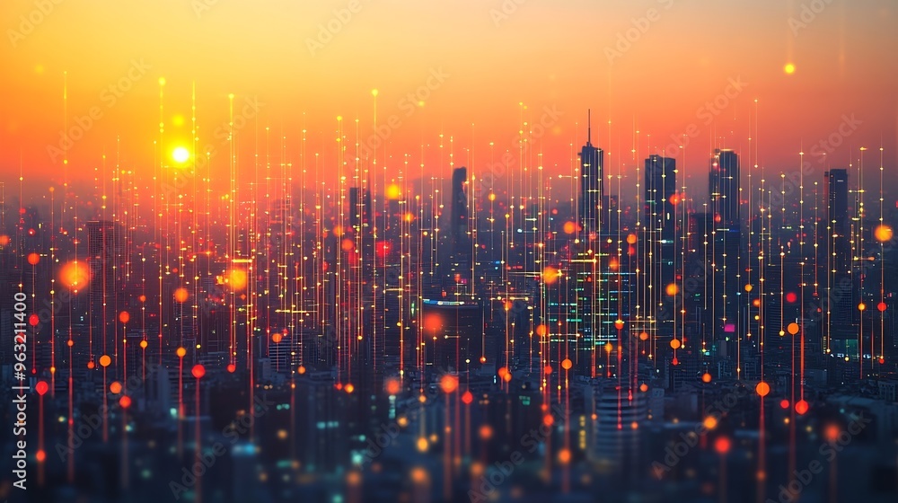 Aufkleber Smart city and abstract dot point connect with gradient line big data connection technology concept : Generative AI
