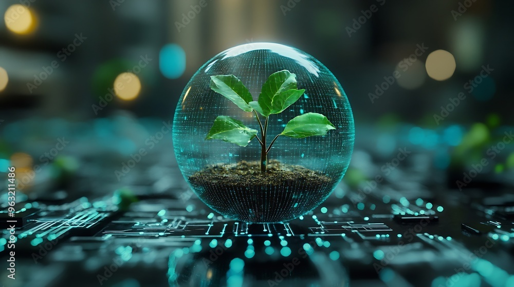 Aufkleber Tree growing on Circuit digital ball Digital and Technology Convergence Blue light and Wireframe network background Green Computing Green Technology Green IT csr and IT ethics Concept : Generative AI