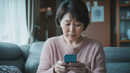 A middle age woman is sitting on a couch and looking at her cell phone. she is focused on her phone