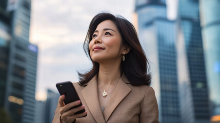A woman is holding a cell phone and smiling. She is standing on a balcony overlooking a city