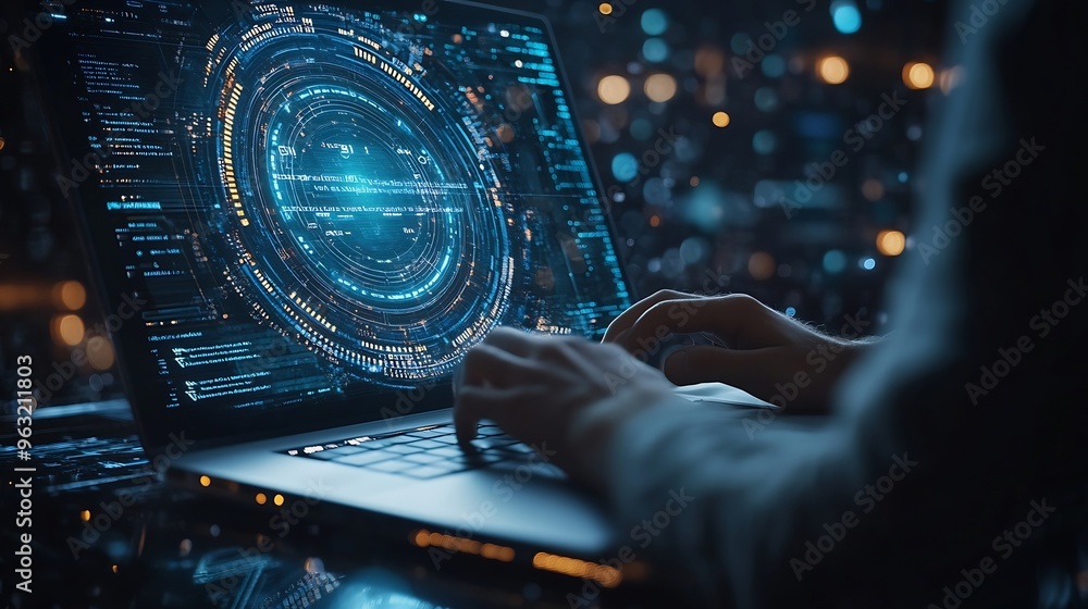 Poster Digital technology data engineering cloud computing concept Computer programmer working on laptop with big data processing and computer code futuristic technology background software d : Generative AI