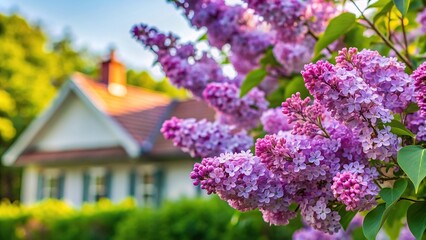 Obraz premium color, shrub, suburban, nature, countryside, A view of a blooming lilac bush in the month of May with a house faintly visible in the distance captured from a tilted angle