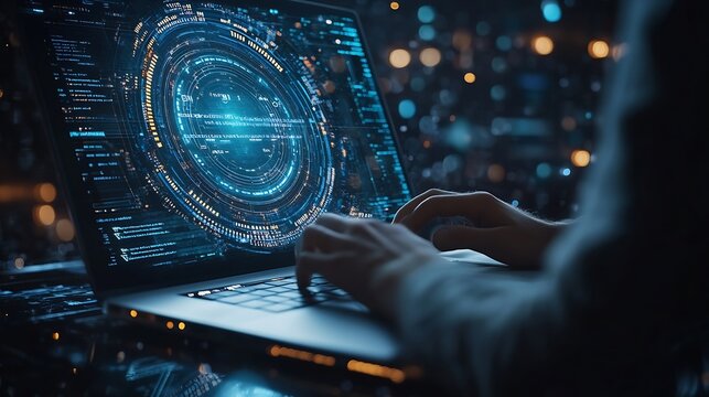 Digital technology data engineering cloud computing concept Computer programmer working on laptop with big data processing and computer code futuristic technology background software d : Generative AI