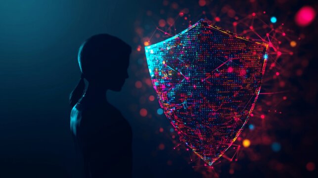 Digital shield protecting silhouette symbolizing online privacy and data security in vibrant colors
