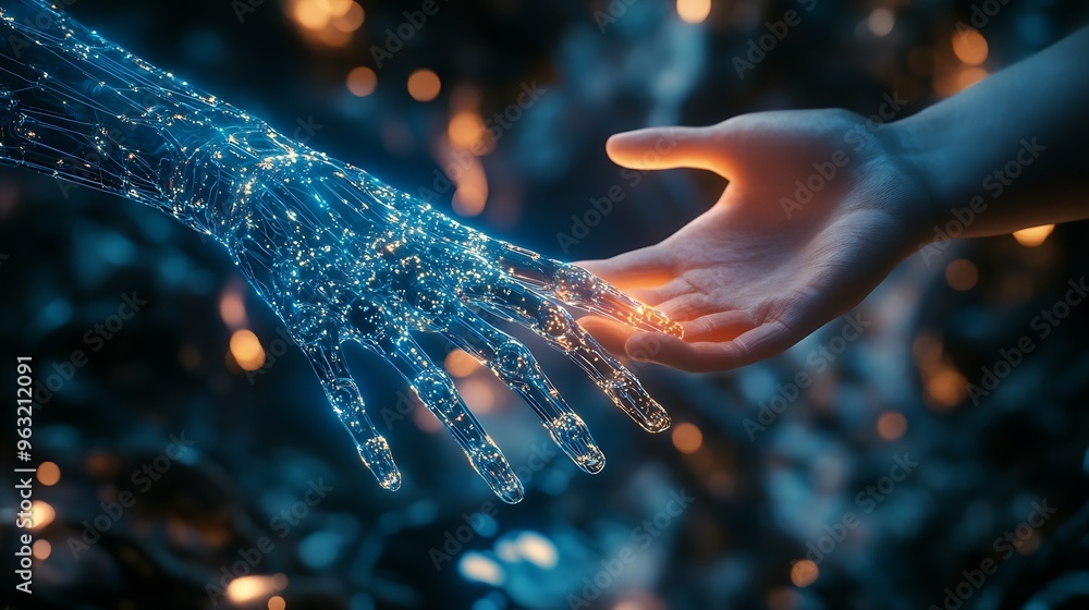 Aufkleber AI Machine learning Hands of robot and human touching big data of Global network connection Internet and digital technology Science and artificial intelligence digital technologies of  : Generative AI