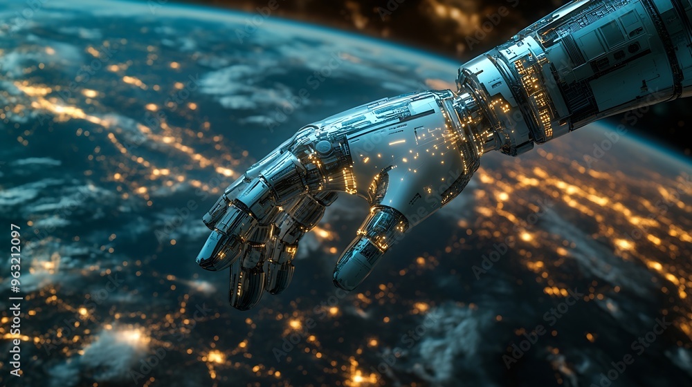 Aufkleber Robot hand with network connection on earth Artificial intelligence and digital technology connection internet big data analytics and business concepts ecommerce social networking AI : Generative AI