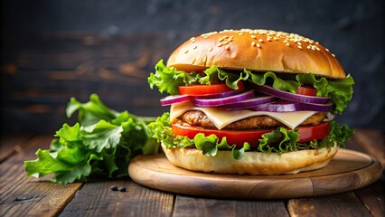 lettuce, snack, red onion, tomato, vegetarian, foodie, A medium shot of a mouthwatering savory halloumi burger with fresh lettuce tomato and red onion served on a perfectly toasted bun