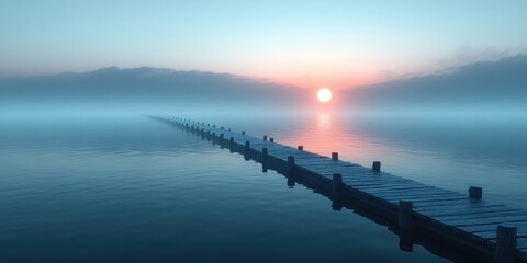 Wooden Dock Extending Towards Misty Sunrise Over Calm Lake
