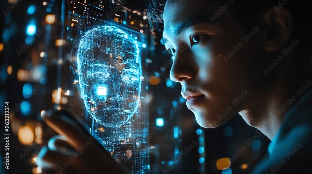 Fototapete man shows use of artificial intelligence ai technology to access malicious software with smartphone 