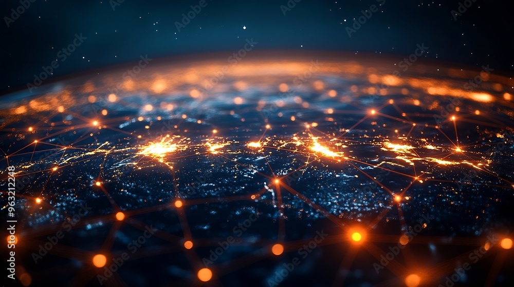 Aufkleber Communication technology with global internet network connected around the world Telecommunication and data transfer international connection links IoT finance business blockchain secu : Generative AI