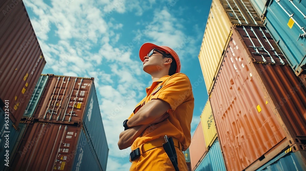Poster asian male and female customs officers are currently conducting inspections of containers within the