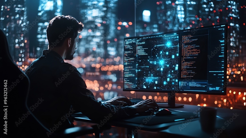Aufkleber Digital technology internet network connection big data digital marketing IoT Programmer coding on computer with smart city and internet network data accessing innovative technology ba : Generative AI